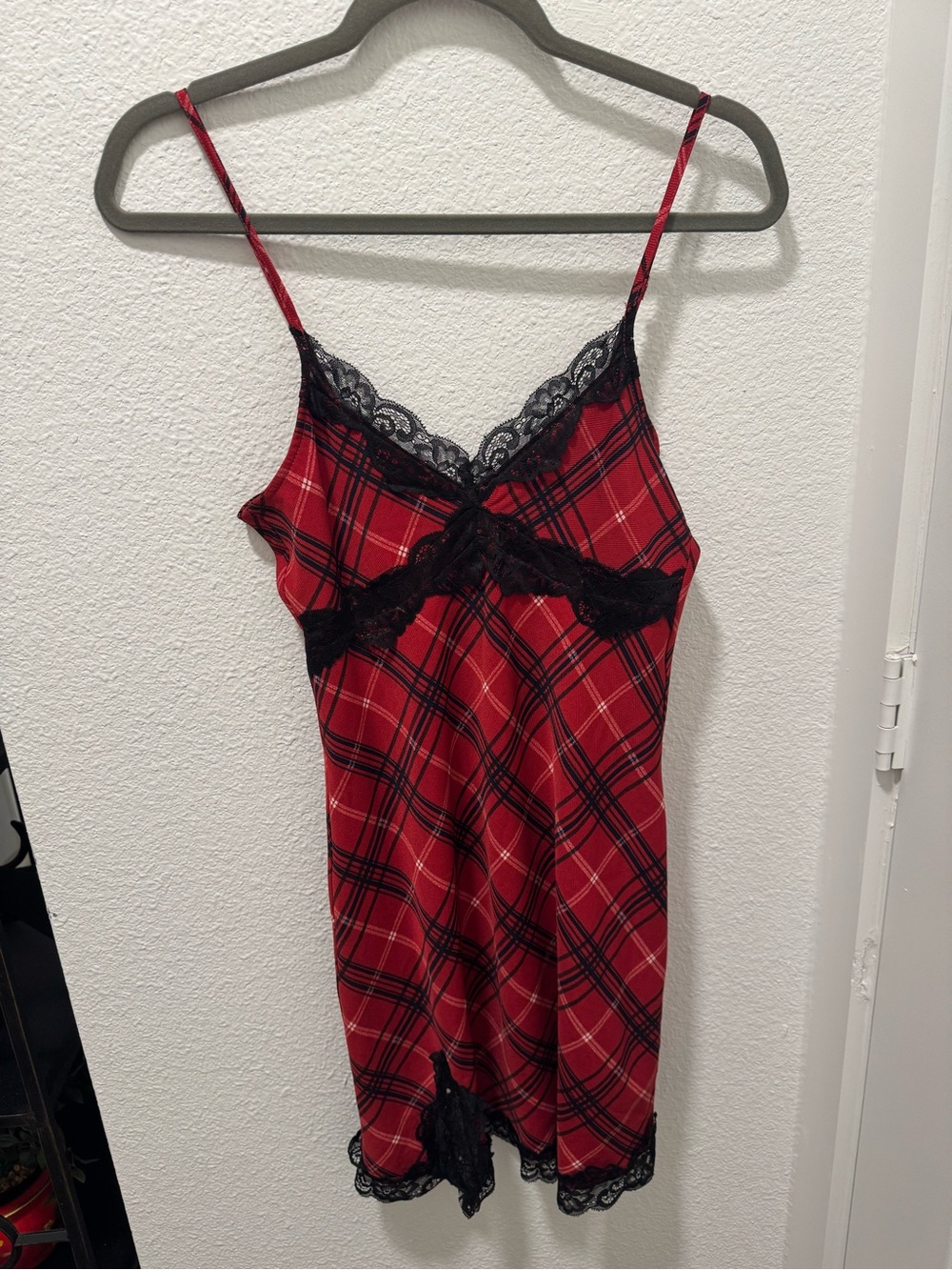 Nasty Gal Red Plaid Slip Dress with Black Lace Trim
